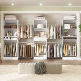 Aheaplus - 70.5'' - 146'' Wide Adjustable Closet Organizer System with 10 Hanging Rods, Drawer and Adjustable Shelves - White