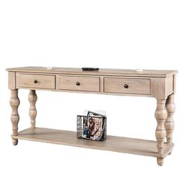 Manhattan Lane - Cherie Sofa Table, 3 Drawers, Shelf, Light White Washed Wood, 64 Inch - White Wash Brown, Black