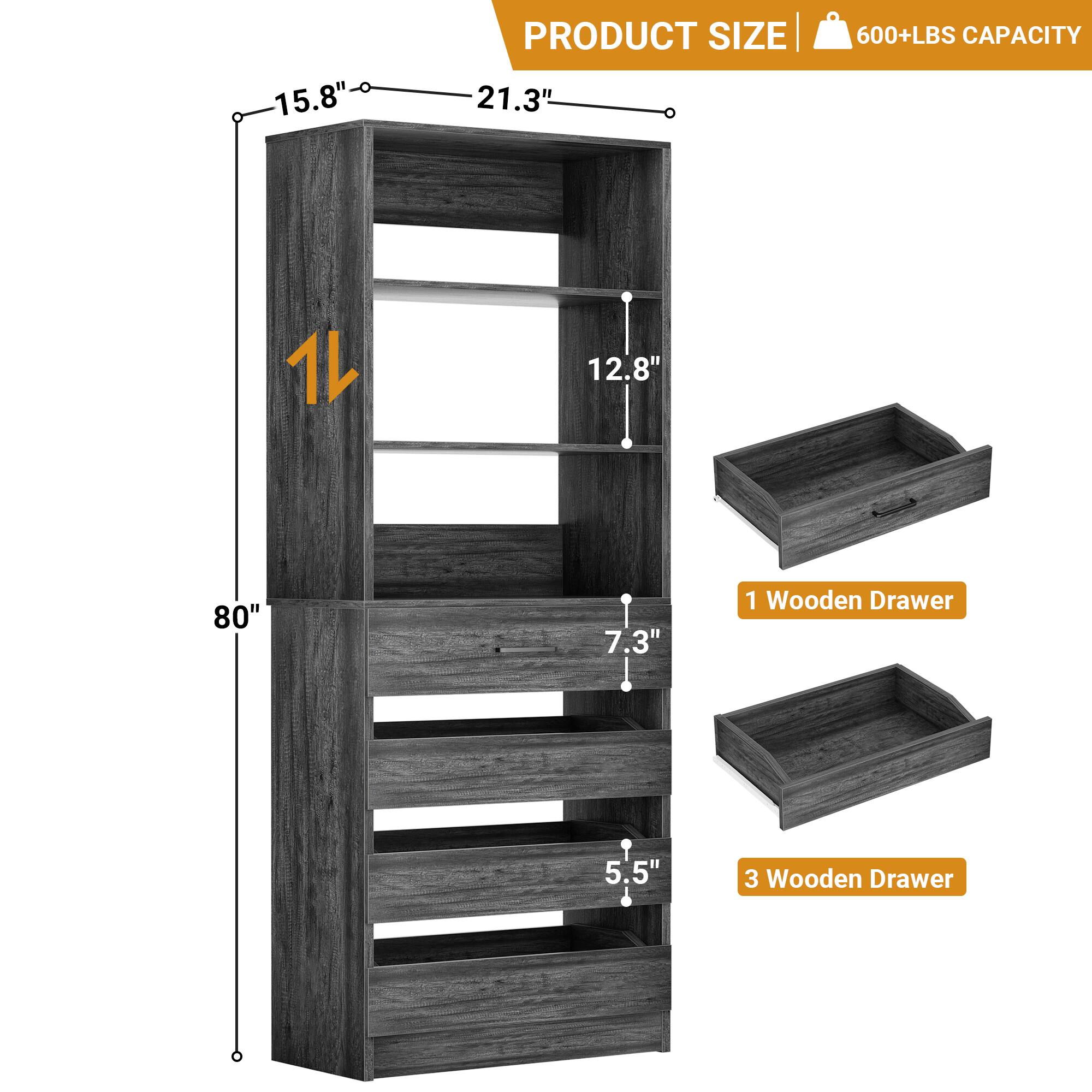 15.8" PRODUCT SIZE | 21.3" 600+LBS CAPACITY  
12.8"  
80"  
7.3"  
1 Wooden Drawer  
5.5"  
3 Wooden Drawer