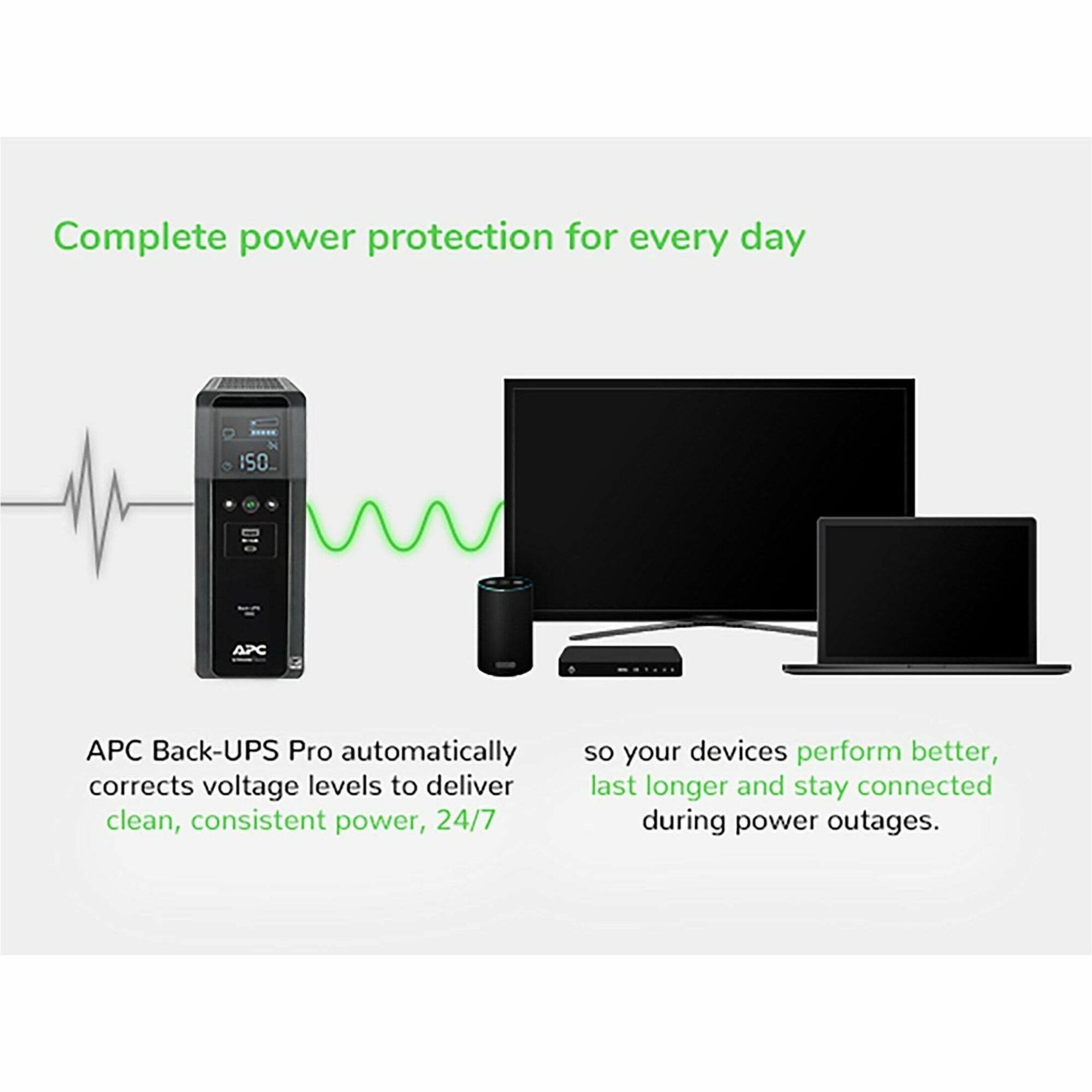 Complete power protection for every day

APC Back-UPS Pro automatically corrects voltage levels to deliver clean, consistent power, 24/7 so your devices perform better, last longer and stay connected during power outages.