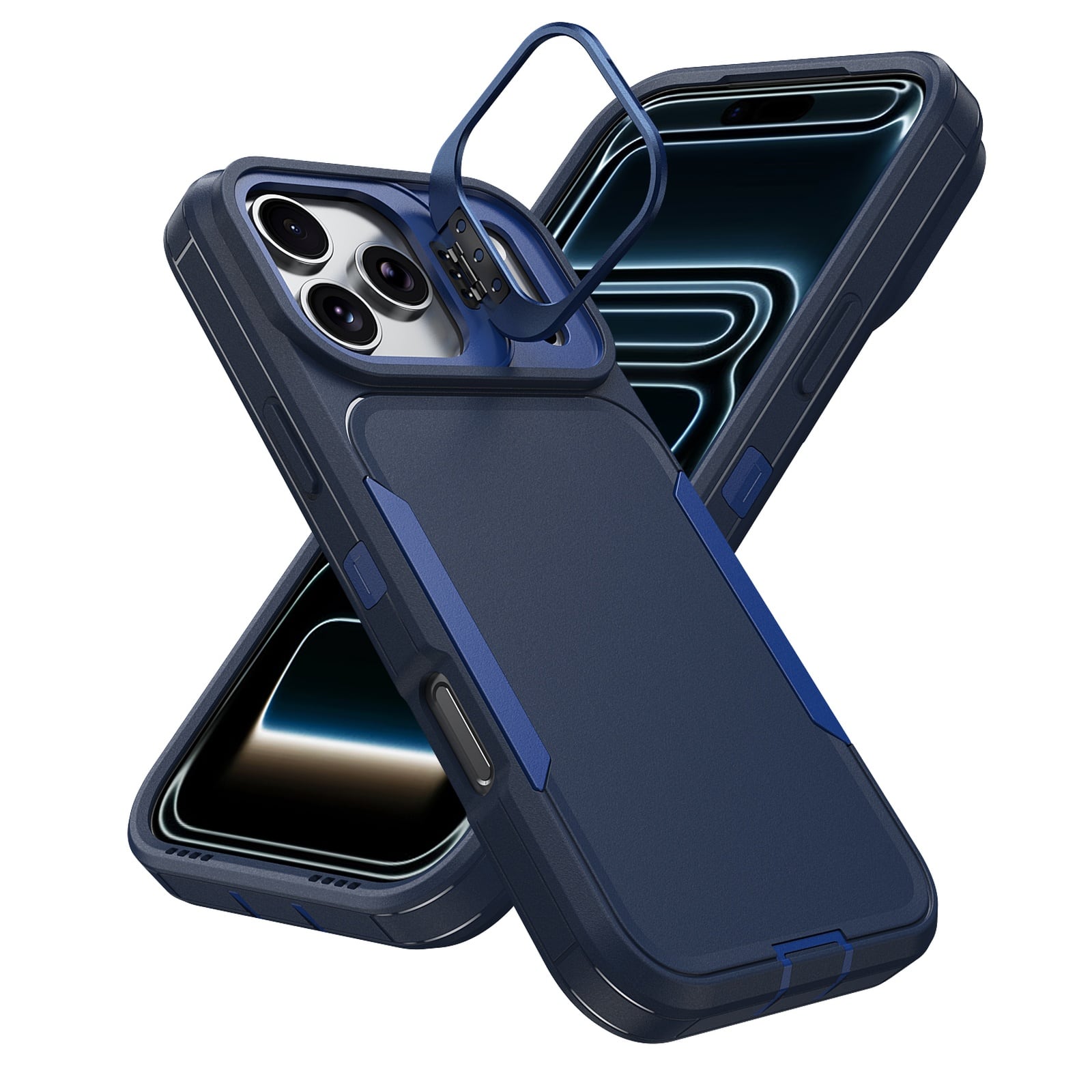 Dteck - For Apple iPhone 17 Pro Rugged Case, Heavy Duty Dual Layer Shockproof Lens Kickstand Drop Protection Cover - Blue
