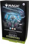 The image features a box of Magic: The Gathering, specifically the Counterintelligence deck. The deck includes a collector booster sample pack, two legendary traditional foils, and an artifacts proliferate counter boost. The box also contains a commander eternities deck.