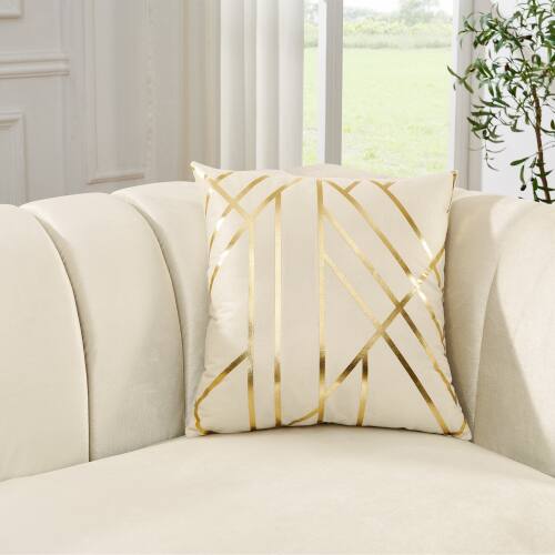 Back. Anysun - 81" 3-Seat Velvet Chesterfield Sofa - Button Tufted, Gold Stainless Steel Accents, Includes 2 Pillows - Beige.
