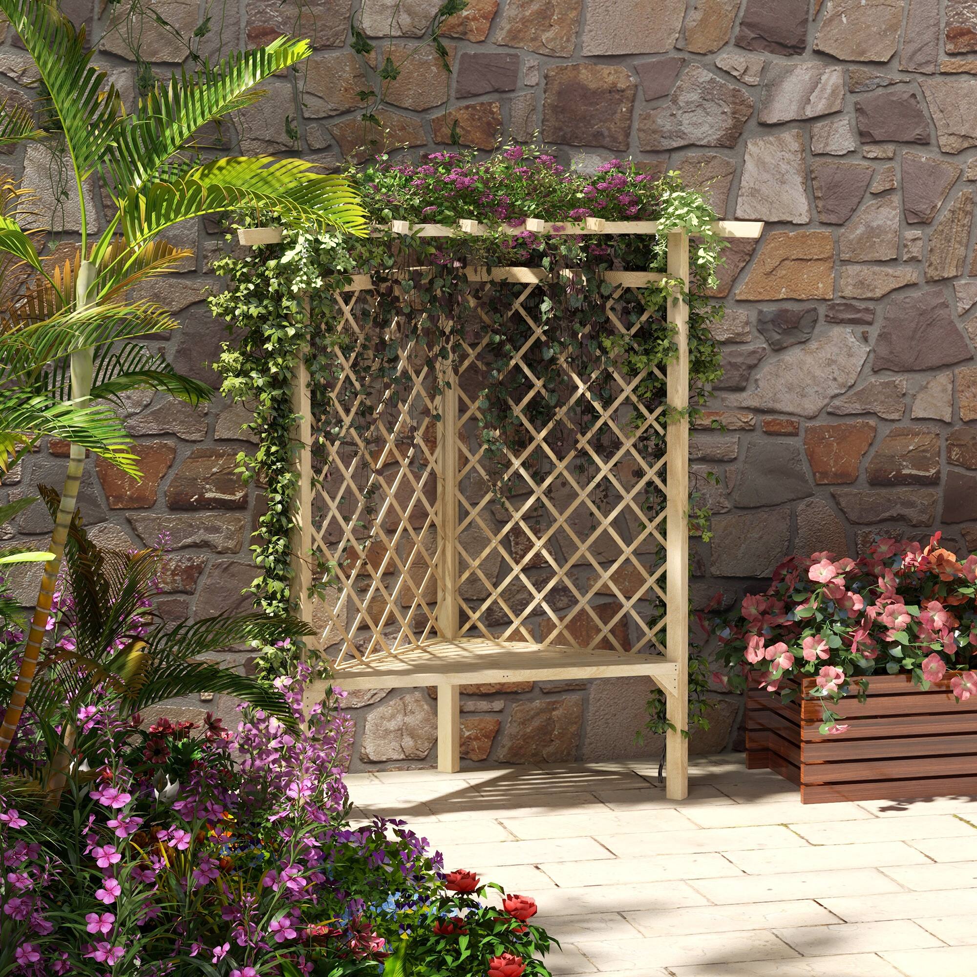 Alt View 6. Outsunny - Trellis Garden Bench, Wooden Park Bench for Climbing Plants w/ Slatted Seat, Great for Lawn, Backyard - Natural Wood.