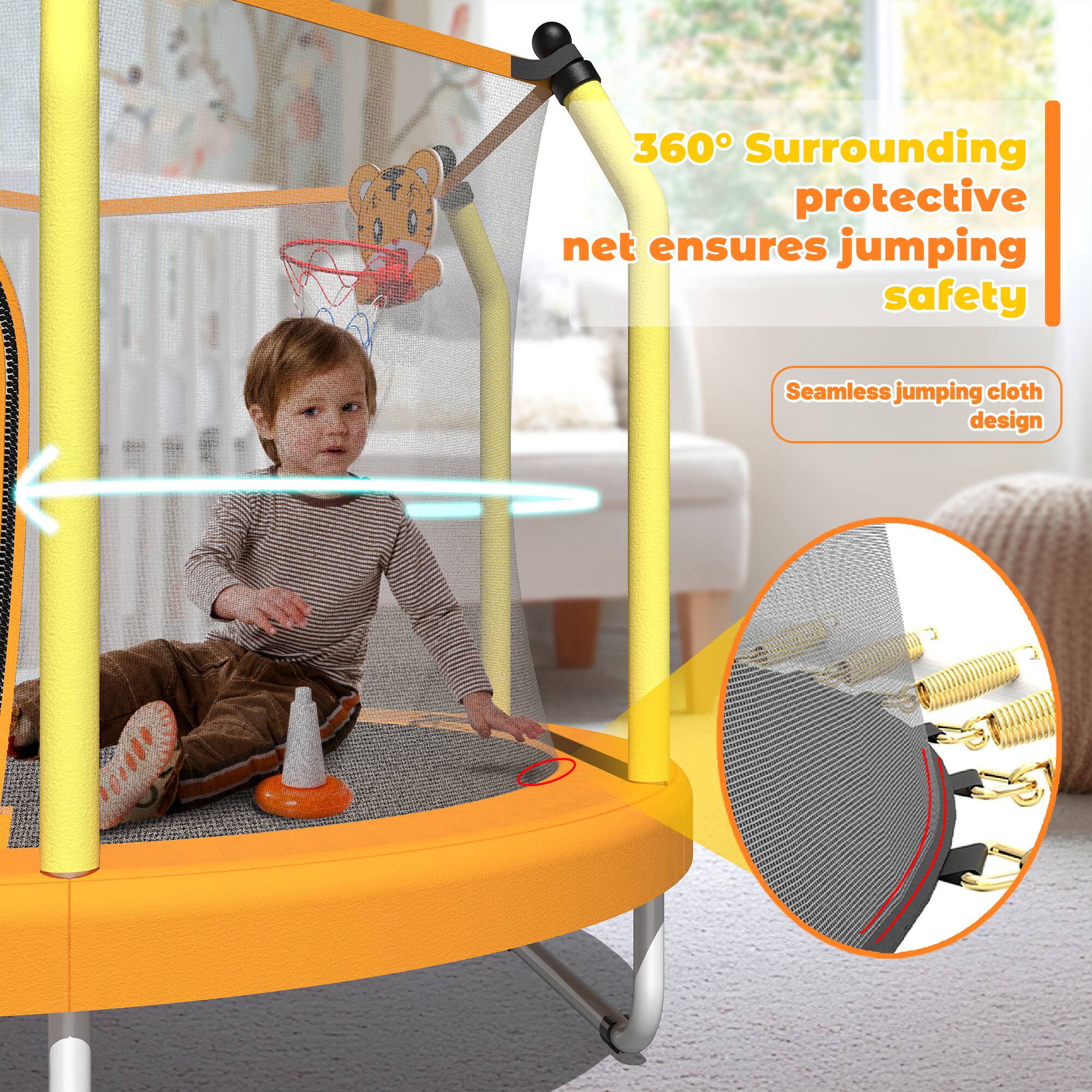 360° Surrounding protective net ensures jumping safety  
Seamless jumping cloth design