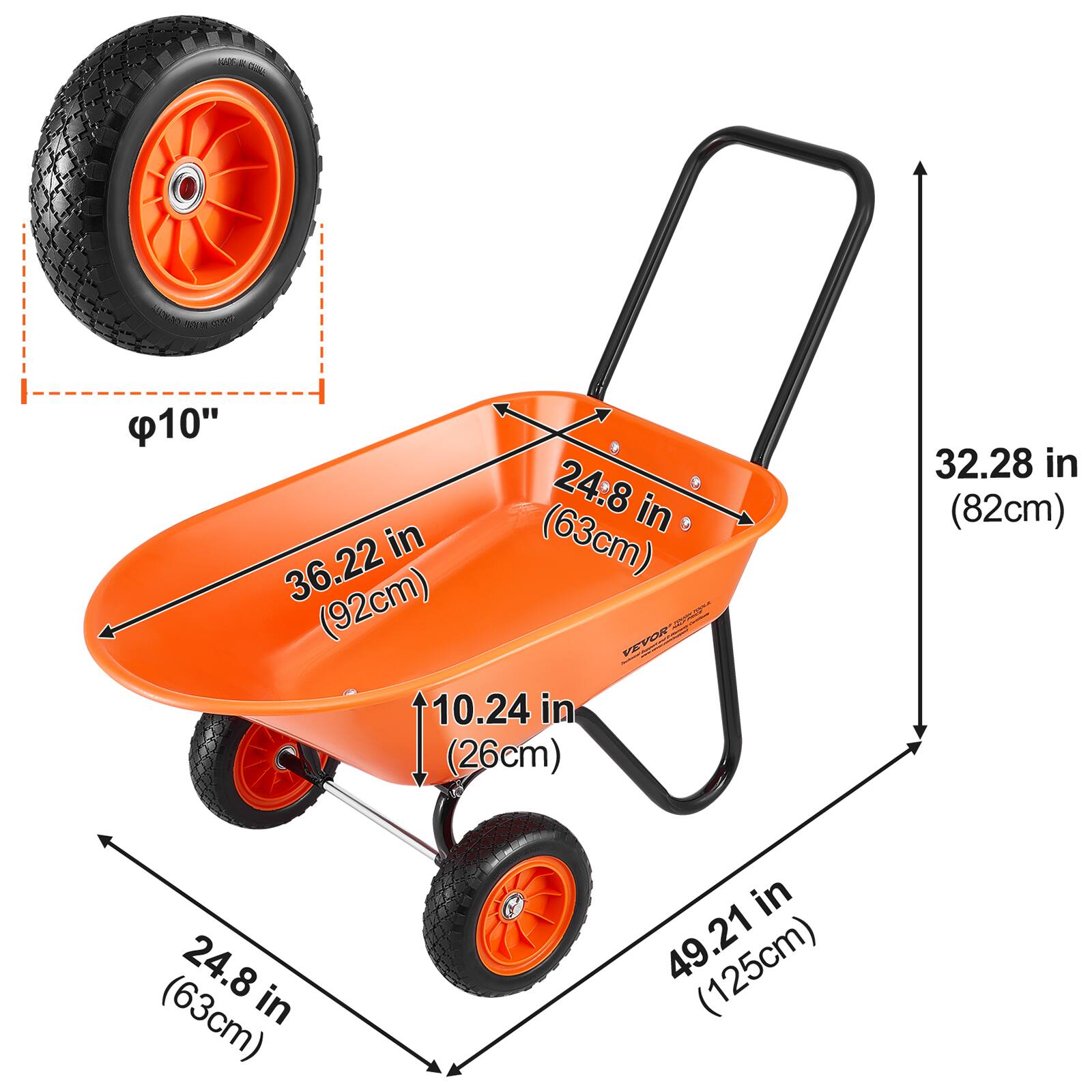 - Diameter of wheel: 10" (26cm)
- Length: 36.22 in (92cm)
- Width: 24.8 in (63cm)
- Height: 32.28 in (82cm)
- Handle height: 49.21 in (125cm)