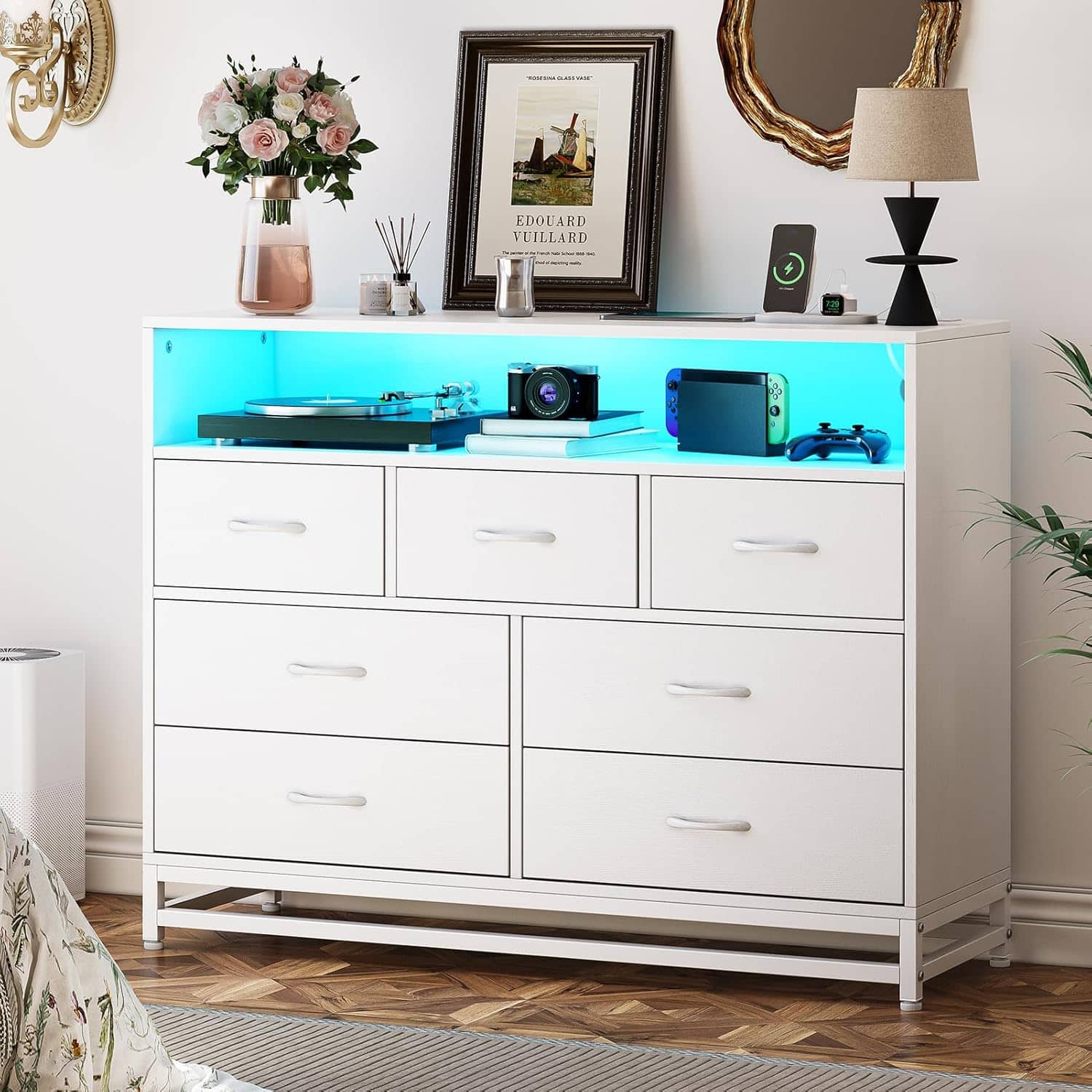 Qeetex - White 7-Drawer Dresser for Bedroom, Long Wooden Chest with LED Light, Wide Storage Cabinet for Living Room - White