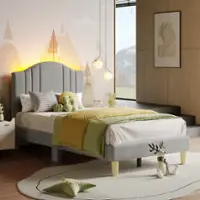 Pinmoco - Twin Upholstered Platform Bed Frame with Adjustable LED Arc Headboard - Fabric Gray - Front_Zoom