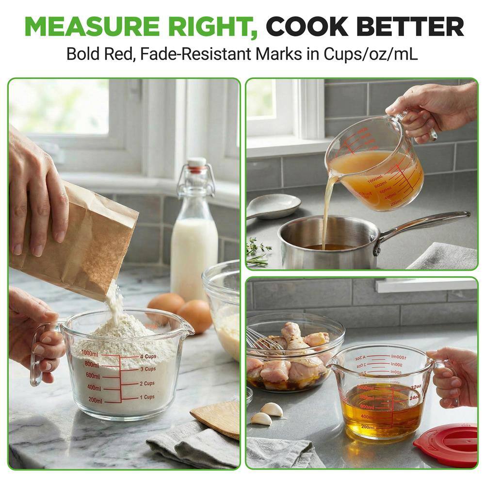 MEASURE RIGHT, COOK BETTER  
Bold Red, Fade-Resistant Marks in Cups/oz/mL  

1000ml  
800ml  
600ml  
400ml  
200ml  

4 Cups  
3 Cups  
2 Cups  
1 Cup  

1000ml  
800ml  
600ml  
400ml  
200ml  

1000ml  
800ml  
600ml  
400ml  
200ml
