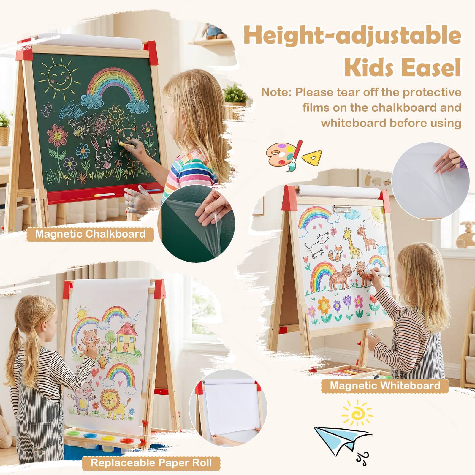 Height-adjustable Kids Easel

Note: Please tear off the protective films on the chalkboard and whiteboard before using

Magnetic Chalkboard

Magnetic Whiteboard

Replaceable Paper Roll