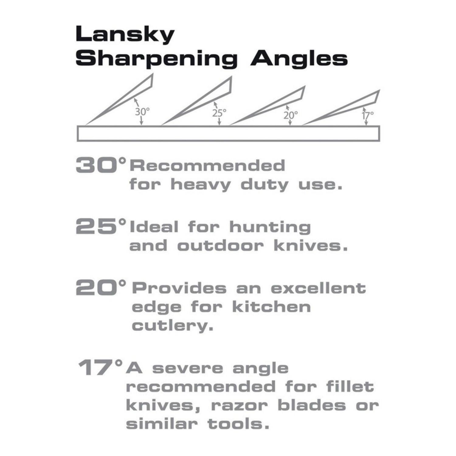 Lansky Sharpening Angles

30° Recommended for heavy duty use.

25° Ideal for hunting and outdoor knives.

20° Provides an excellent edge for kitchen cutlery.

17° A severe angle recommended for fillet knives, razor blades or similar tools.