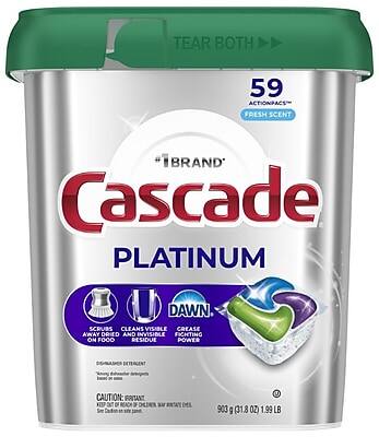 TEAR BOTH

59 ACTIONPACS
FRESH SCENT

IBRAND
Cascade PLATINUM

DAWN
SCRUBS
CLEANS VISIBLE CREASE AWAY
DRIED AND INVISIBLE FOOD RESIDUE
POWER TANGENT

CAUTION: IRRITANT
REACH

903 g (31.8 OZ)
1.99 LB