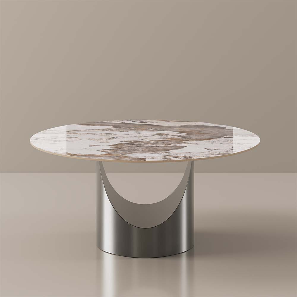 Alt View 6. POVISON - 59" Round Pandora Glossy Sintered Stone Dining Table with U-shaped Gray Steel Base - Pandora with Gray.