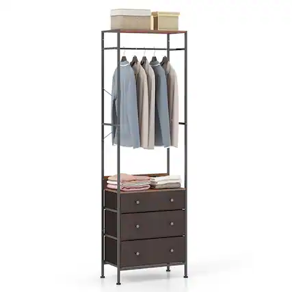 Front. Gymax - Gymax Freestanding Closet Organizer w/ 3-position Hanging Rod & Storage Shelves - Black, Brown.