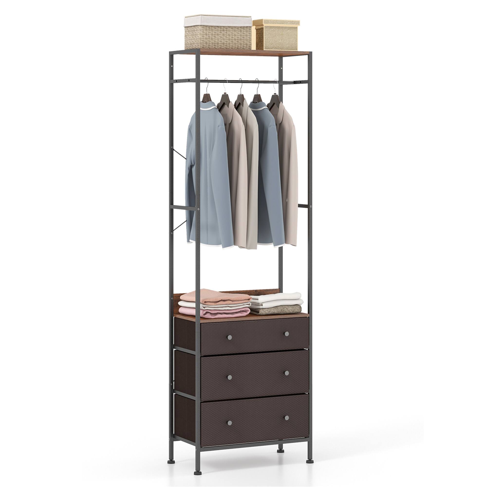 Front. Gymax - Gymax Freestanding Closet Organizer w/ 3-position Hanging Rod & Storage Shelves - Black, Brown.
