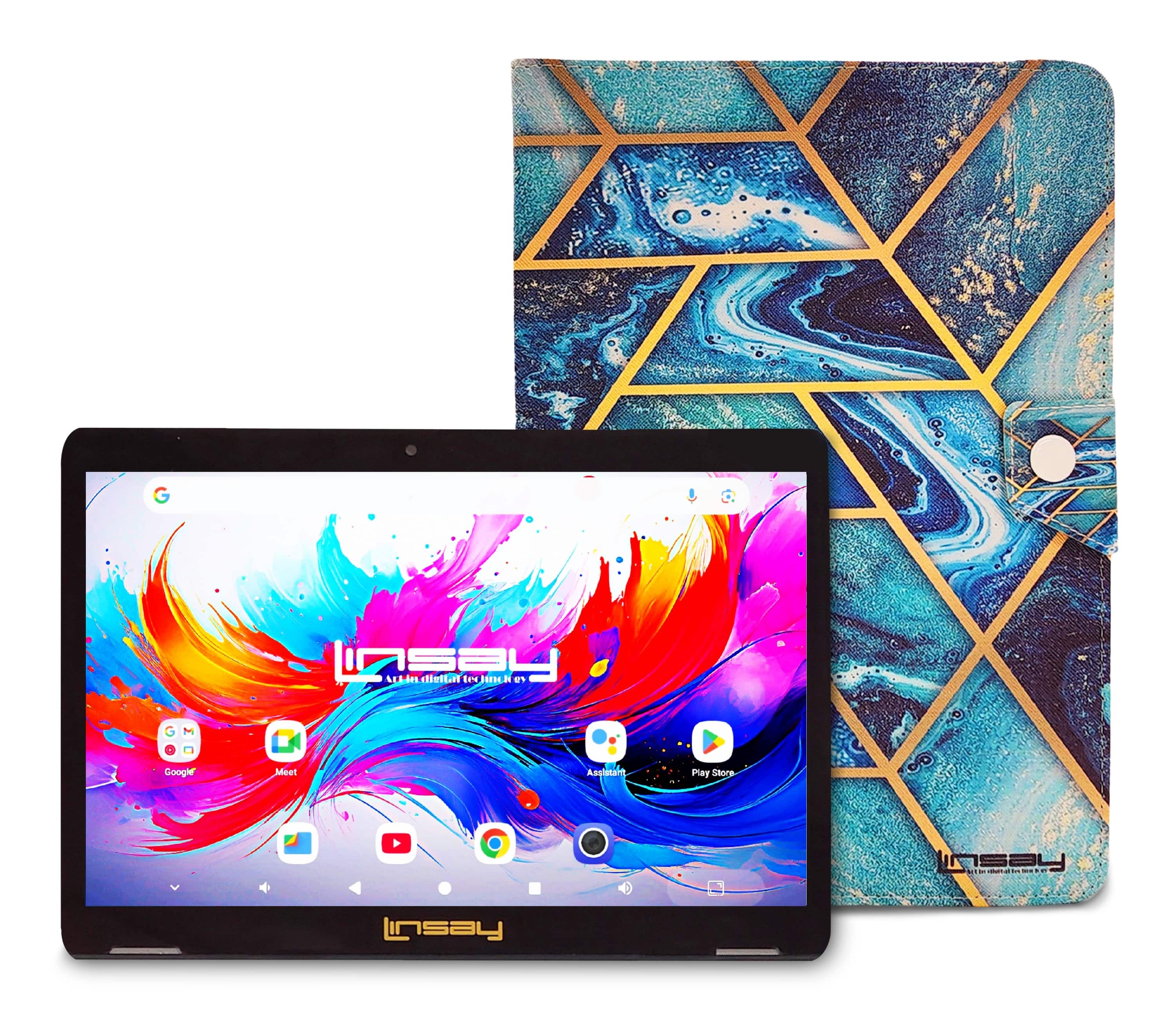 LINSAY - 10.1"Octa Core 256GB Storage Android 15 Tablet with Art and Ocean Case - Blue