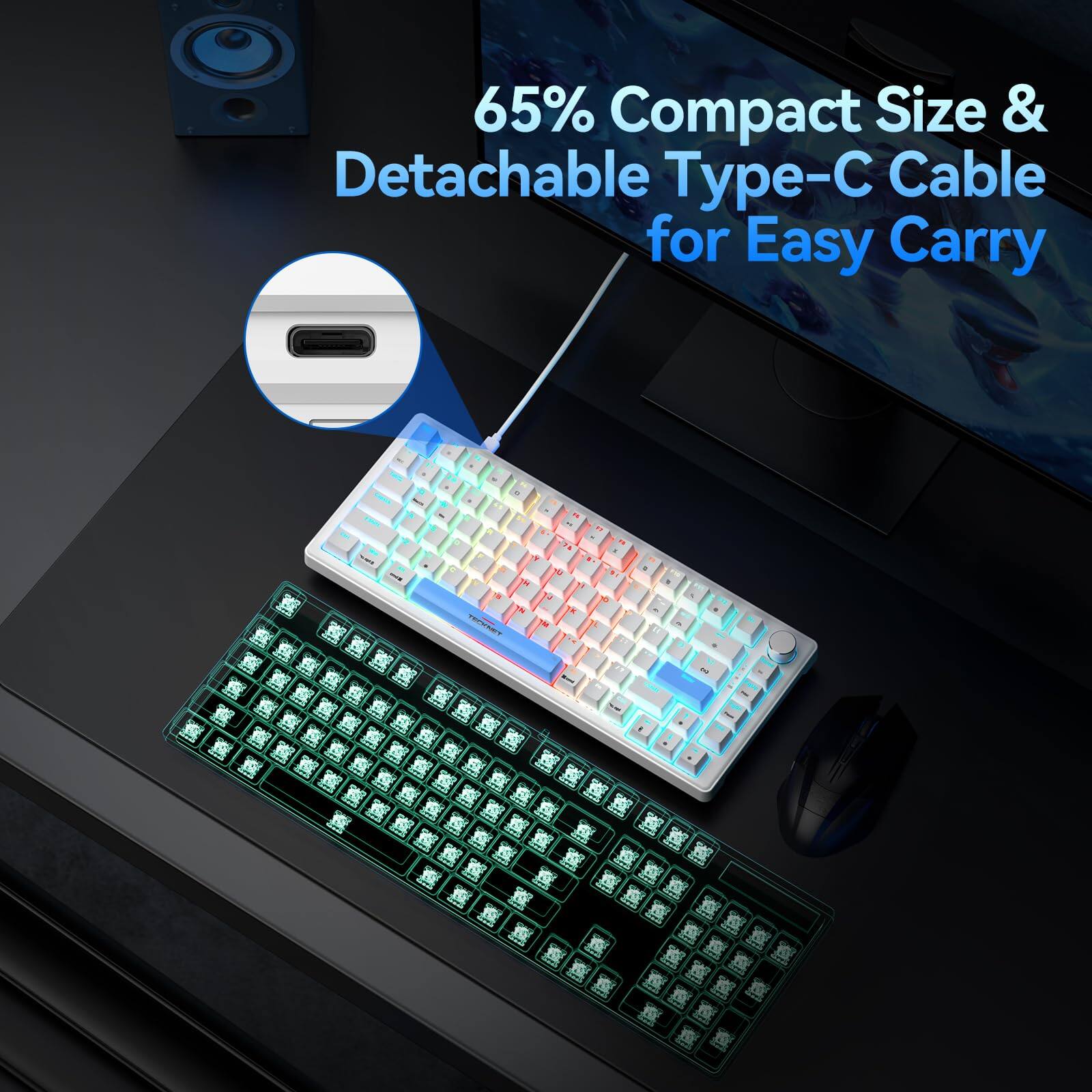 65% Compact Size & Detachable Type-C Cable for Easy Carry