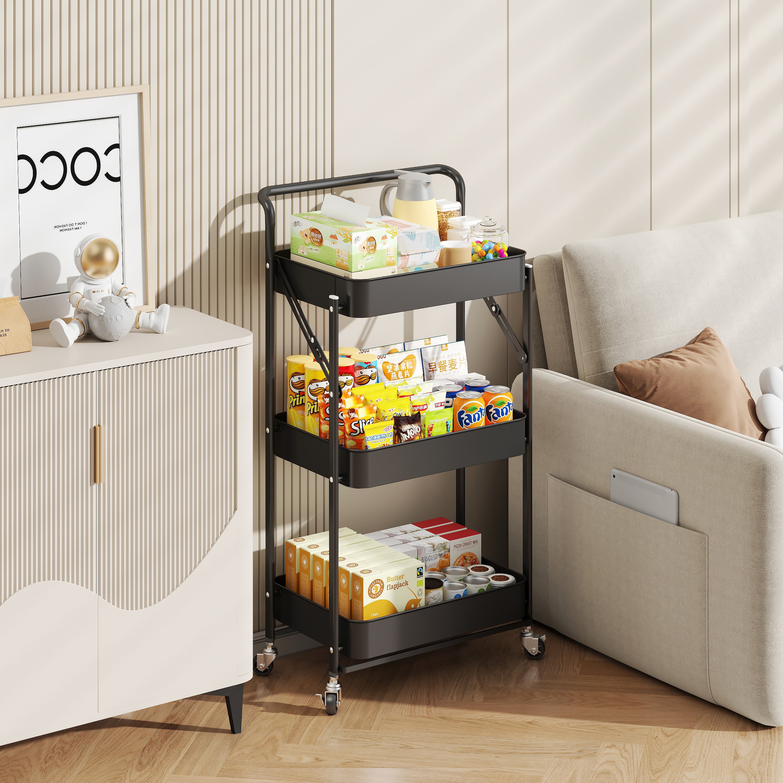 Malletson - Foldable Rolling Cart, Storage Rack with Handle Multi-Purpose and Locking Wheels for Office, Kitchen, Bathroom - Black