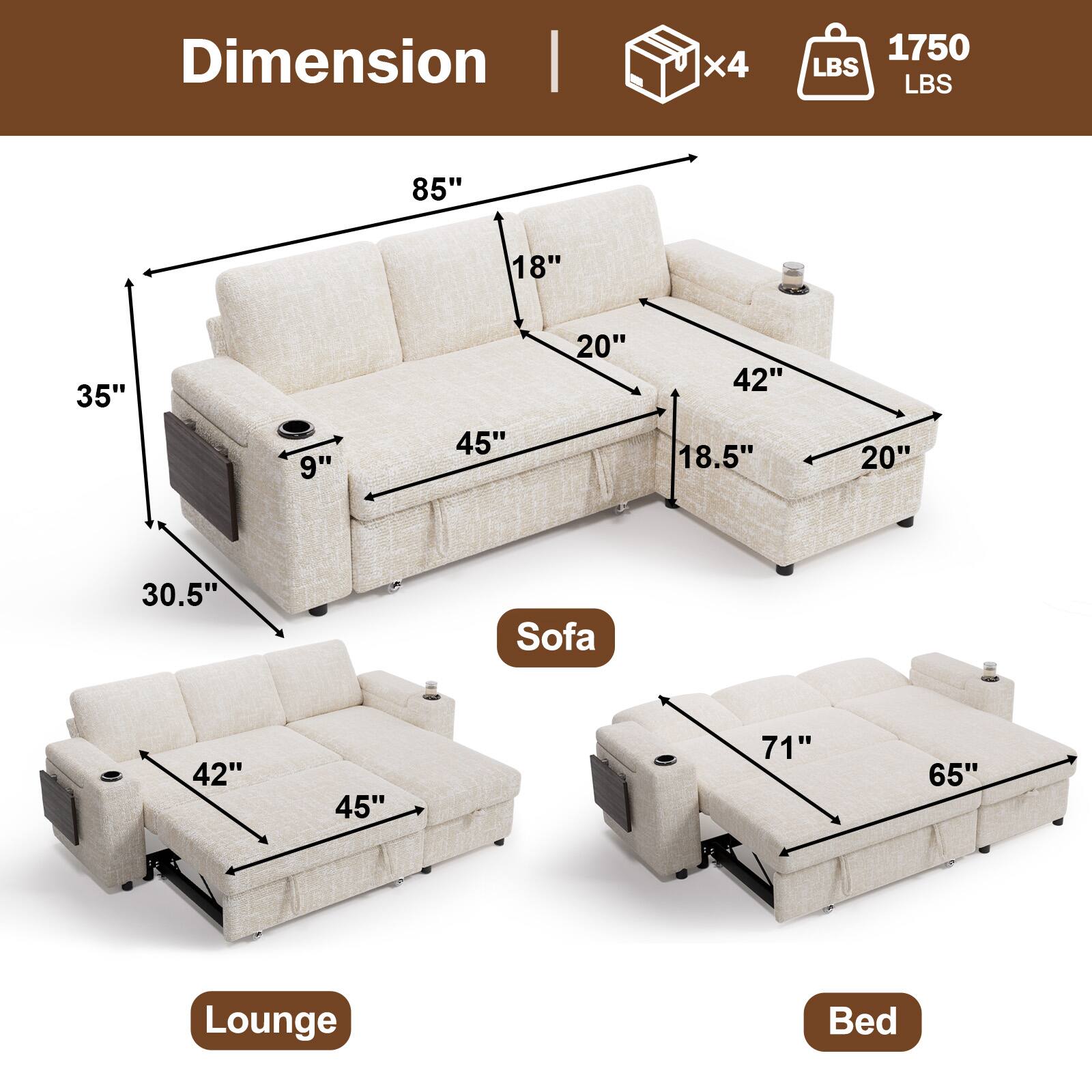 Angle. Dyonery - Dyonery 85 "Modular sofa, adjustable backrest, with storage, tool-free assembly, Chenille Beige - Beige.