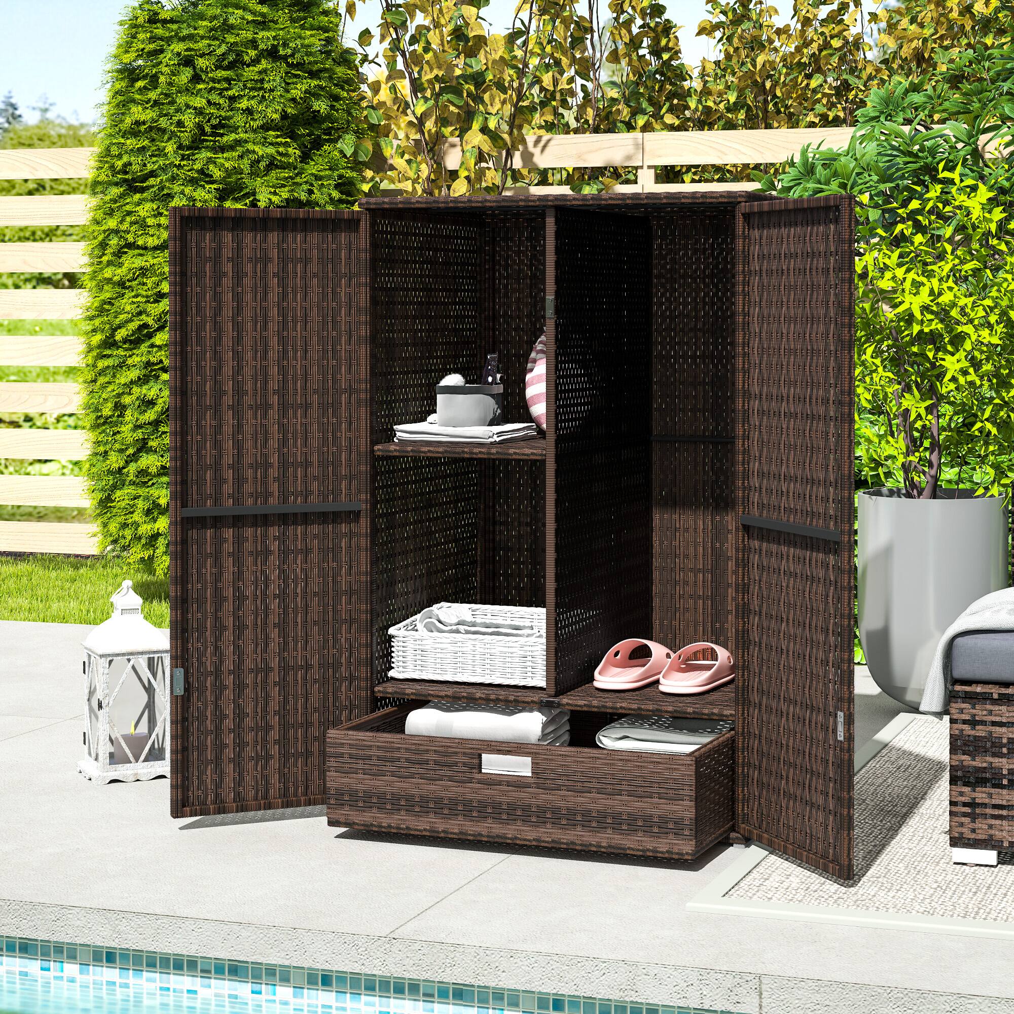 Alt View 8. Outsunny - Wicker Outdoor Storage Cabinet with Shelves, 2-Door Rattan Pool Towel Storage Cabinet with Removable Shelf & Drawer - Brown.