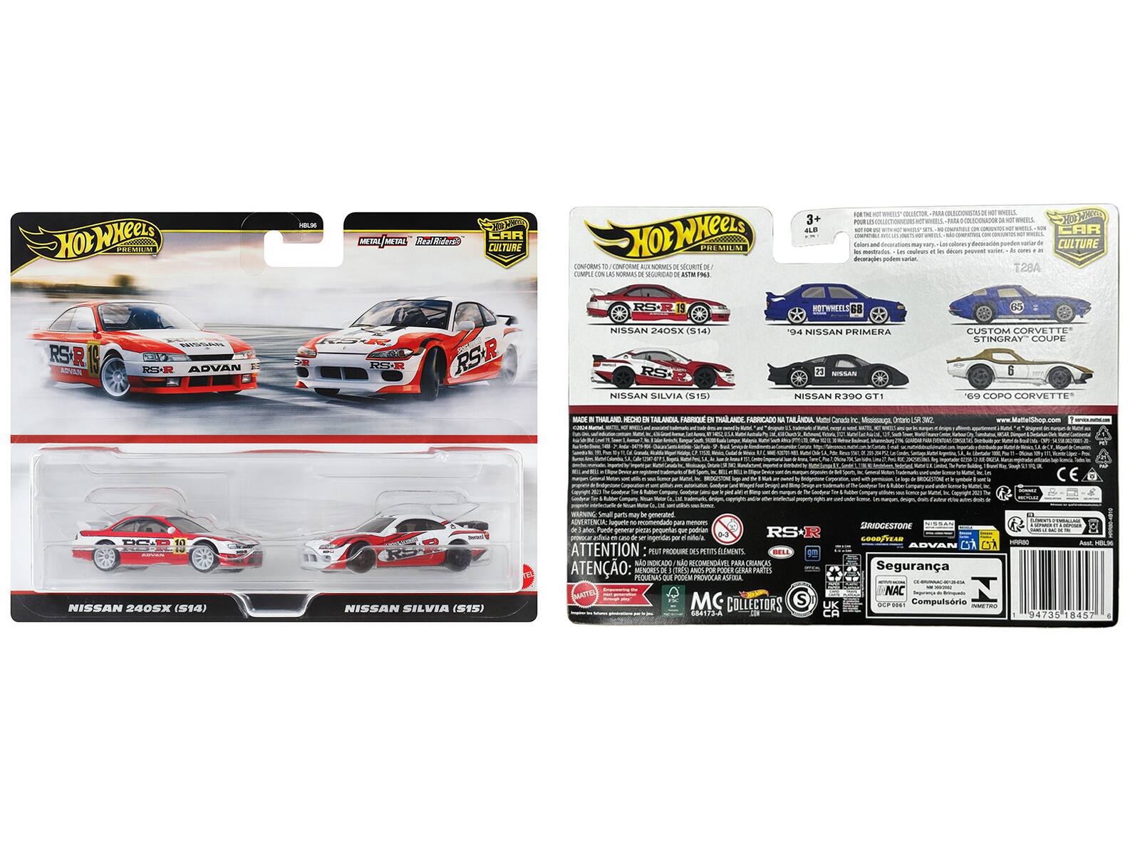 HOT WHEELS PREMIUM  
HILM MES MITA RealMideva CAR CULTURE  
HOT WHEELS RESHUM CONFORM  
i CONFORME NE NOINES DE SN DE CUMPLE CON R NORMAS  
NEGUMIDAD D 3+ 4LB Talon - - in colen a deseracies dm CAR poe CULTURE T28A  
RS-R ADVAN H RSR RS-R19  
NISSAN 240SX (S14) RS NISSAN SILVIA (S15) 68 4 NISSAN PRIMERA 13 NISSAN R300 GTI 85  
CUSTOM CORVETTE STINGRAY COUPE G9 COPO CORVETTE MACE  
THAILAND HECHO - TAEANCRA FABRICKE IN THALANDE  
HMRICADO - TALANEA  
Matel Carata I Mesmauge Onitare  
CHC - - P . - - M 0001 0 .  
NISSAN 2405X (S14) NISSAN SILVIA (S15