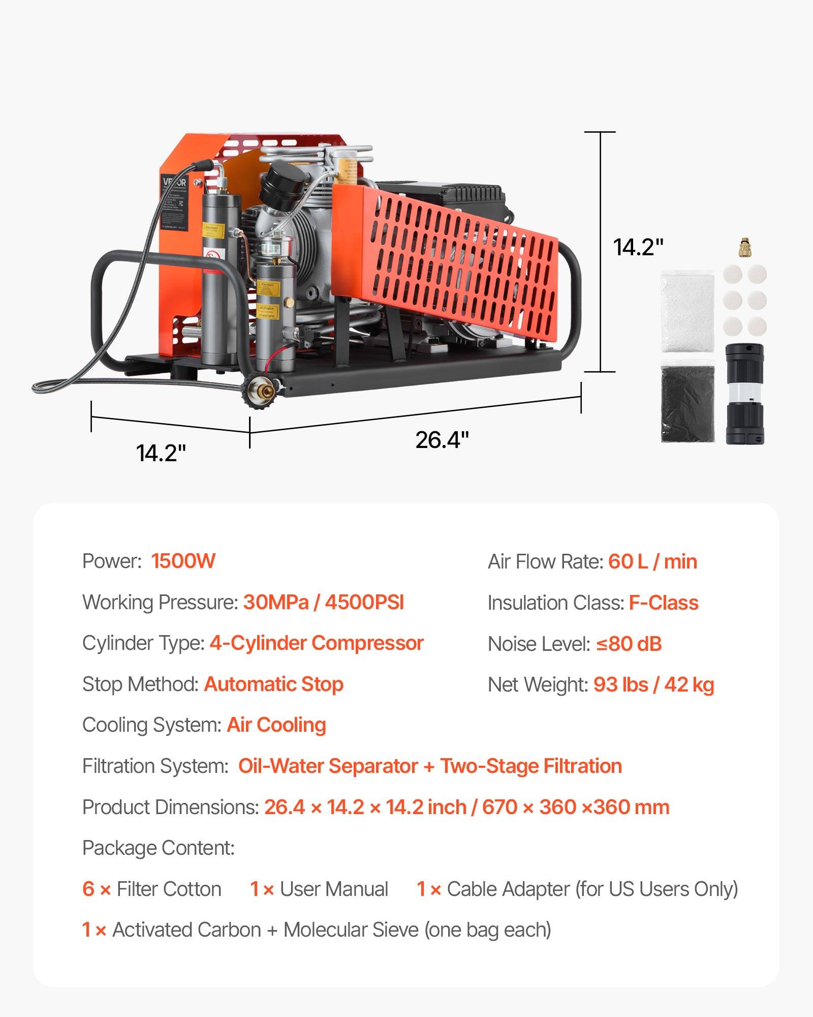 14.2"  
14.2"  
26.4"  
Power: 1500W  
Air Flow Rate: 60 L/min  
Working Pressure: 30MPa / 4500PSI  
Insulation Class: F-Class  
Cylinder Type: 4-Cylinder Compressor  
Noise Level: ≤80 dB  
Stop Method: Automatic Stop  
Cooling System: Air Cooling  
Net Weight: 93 lbs / 42 kg  
Filtration System: Oil-Water Separator + Two-Stage Filtration  
Product Dimensions: 26.4 x 14.2 x 14.2 inch / 670 x 360 x 360 mm  
Package Content:  
6 x Filter Cotton  
1 x User Manual  
1 x Cable Adapter (for US Users Only)  
1 x Activated Carbon + Molecular Sieve (one bag each)
