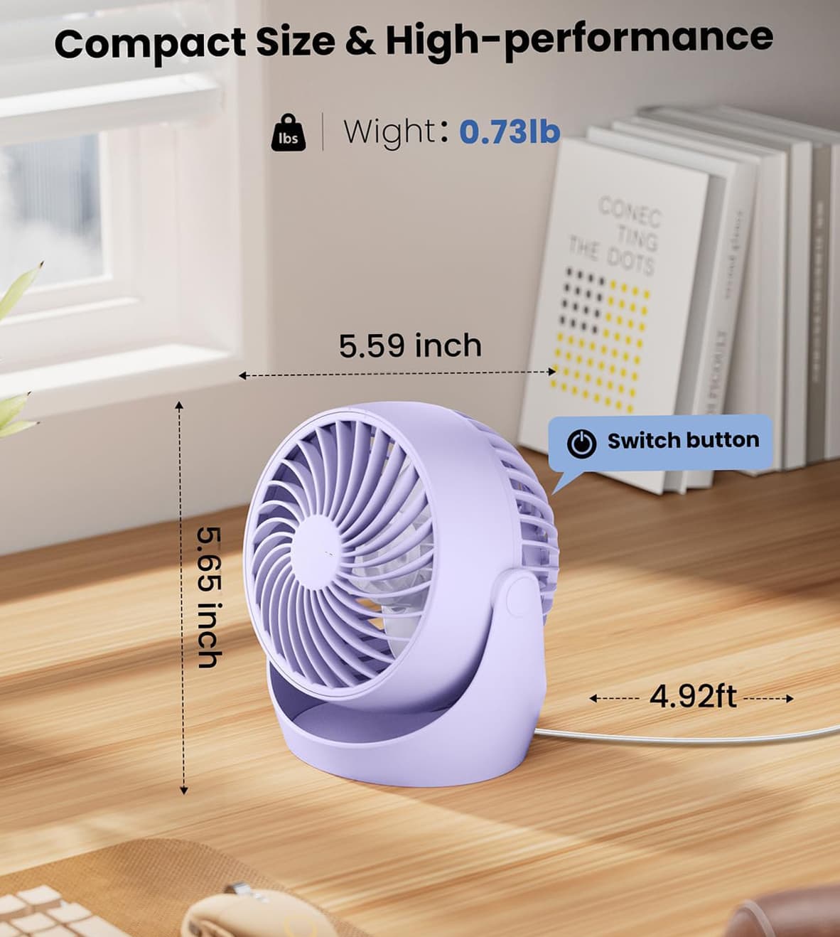 Compact Size & High-performance  
Weight: 0.73lb  
5.59 inch  
5.65 inch  
4.92ft  
Switch button