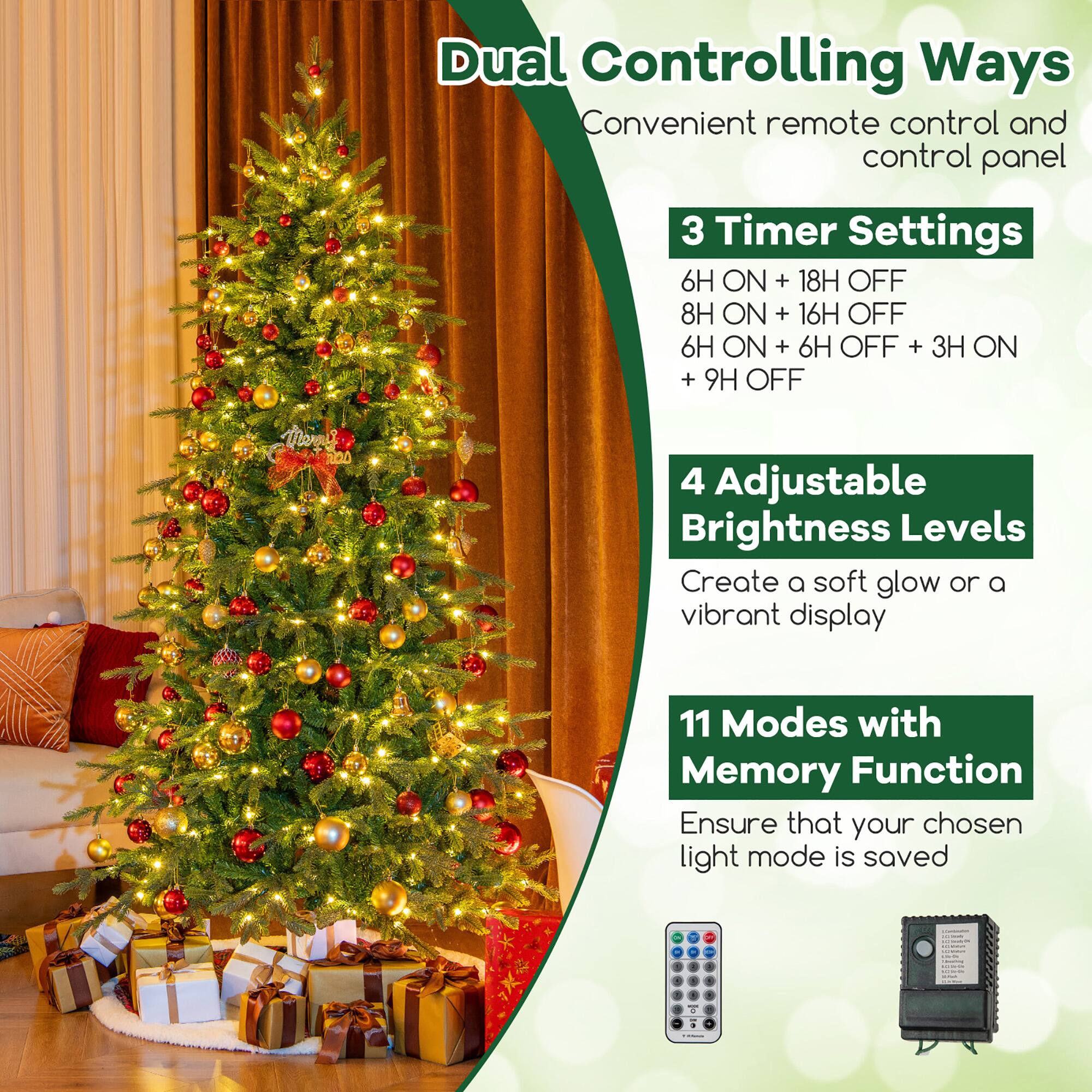 Dual Controlling Ways  
Convenient remote control and control panel  

3 Timer Settings  
6H ON + 18H OFF  
8H ON + 16H OFF  
6H ON + 6H OFF + 3H ON + 9H OFF  

4 Adjustable Brightness Levels  
Create a soft glow or a vibrant display  

11 Modes with Memory Function  
Ensure that your chosen light mode is saved