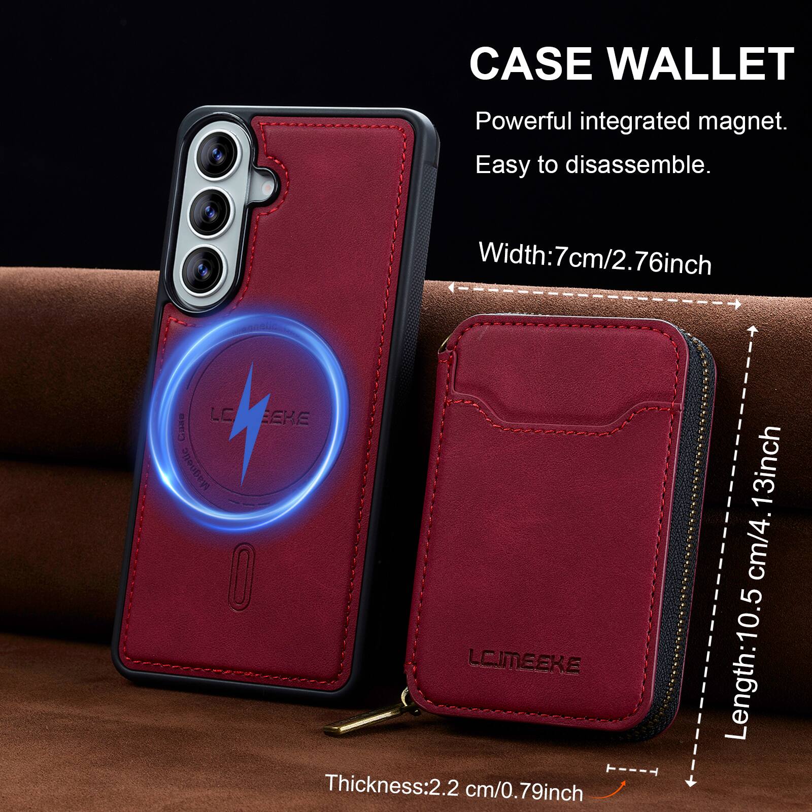 CASE WALLET  
Powerful integrated magnet.  
Easy to disassemble.  

Width: 7cm/2.76inch  
Thickness: 2.2 cm/0.79inch  
Length: 10.5 cm/4.13inch
