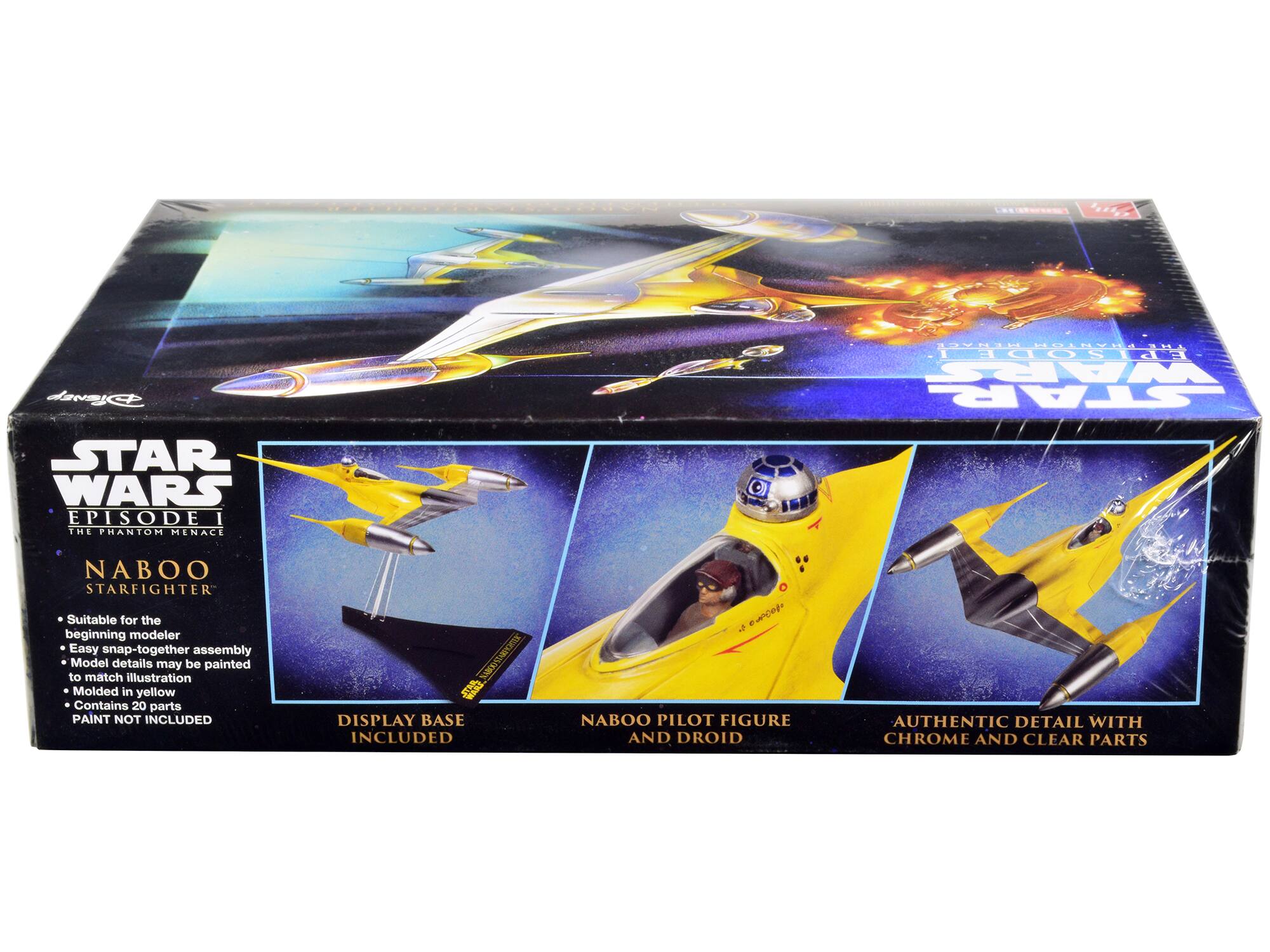 **STAR WARS EPISODE I THE PHANTOM MENACE**

**NABOO STARFIGHTER**

- Suitable for the beginning modeler
- Easy snap-together assembly
- Model details may be painted to match illustration
- Molded in yellow
- Contains 20 parts
- PAINT NOT INCLUDED

**DISPLAY BASE INCLUDED**

**NABOO PILOT FIGURE AND DROID**

**AUTHENTIC DETAIL WITH CHROME AND CLEAR PARTS**