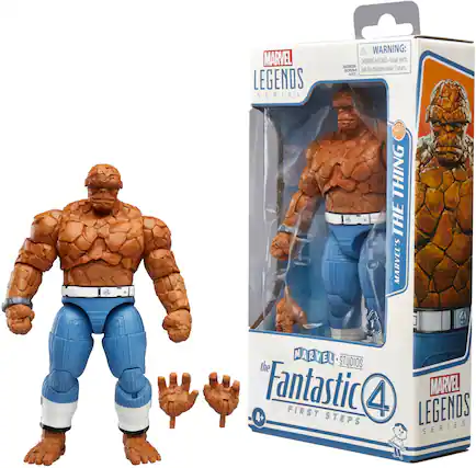 The image features a box of a Fantastic Four action figure set, which includes a Mr. Fantastic figure and a Thing figure. The box is labeled with a warning that the toy contains small parts and is not suitable for children under 3 years old. The set is part of the Marvel Legends series, which is designed for children 4 and up.