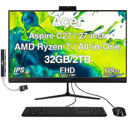 Acer - Upgraded - Aspire C27 All-in-One 27 FHD Display (Ryzen 7 5825U, 32GB, 2TB SSD, AMD Radeon, WiFi 6E, Win 11 Pro) w/USB Hub