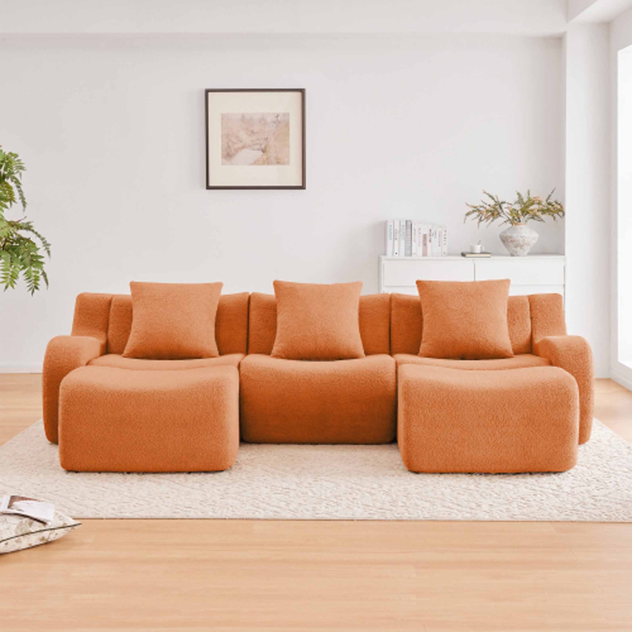 Angle. Aukfa - Modular Teddy Fabric Sofa - 3-Seat Sectional with 2 Ottomans, Soft Boneless Design for Living Room - Orange.