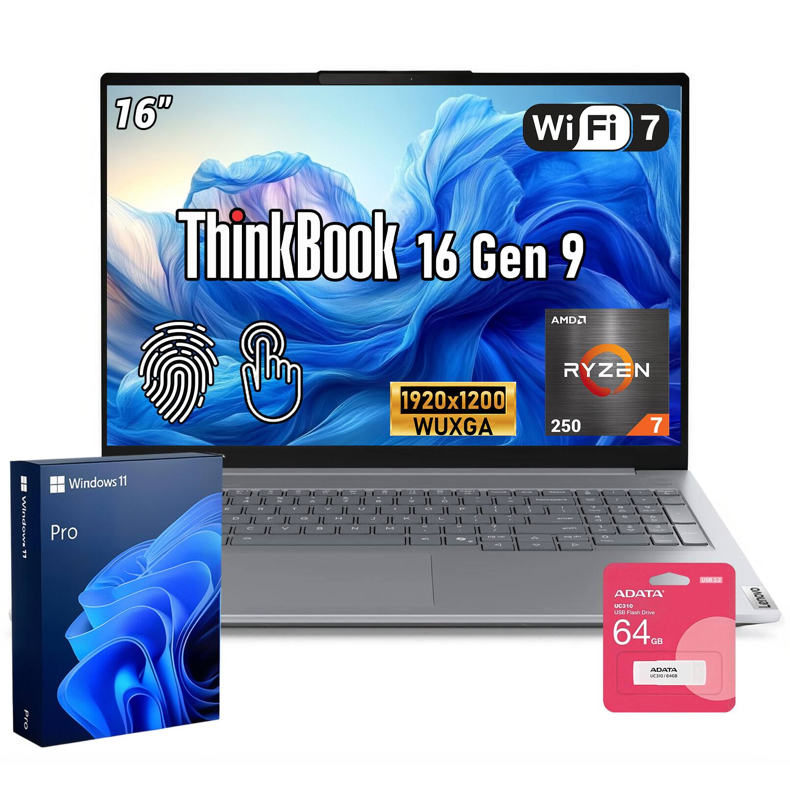 16"  
Wi-Fi 7  
ThinkBook 16 Gen 9  
AMDA  
Windows 11 Pro  
1920x1200 WUXGA  
250  
ADATA UC310 USB Flash Drive 64 GB  
USB  
Lenovo