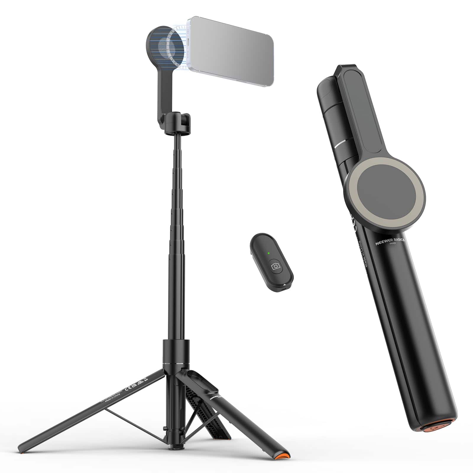 Neewer - 5.5' Magnetic Selfie Stick Tripod - One-Button Unfold with Remote for Vlog & Travel Video - Black