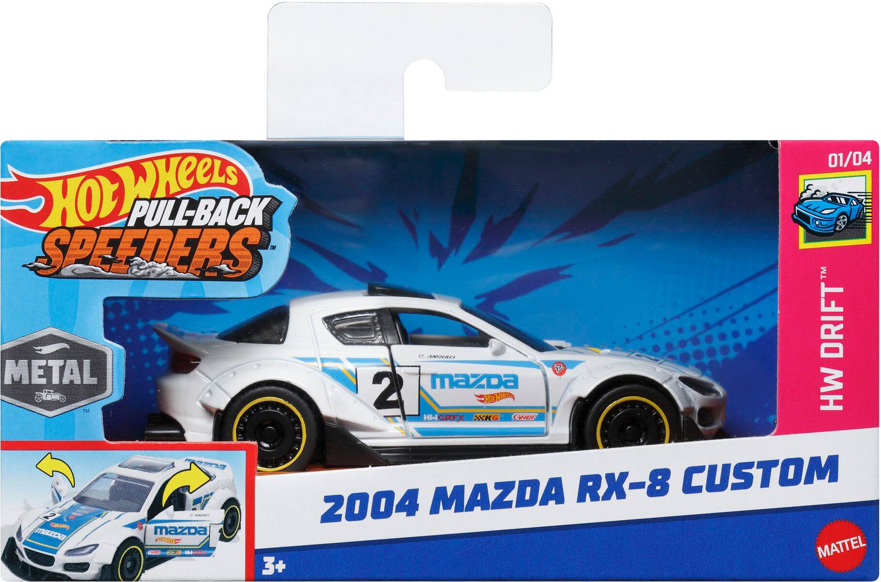 The text on the image is grouped and corrected as follows:

01/04 HOL YA PULL-BACK IN SPEEDERS TM AMHRO DRIFT" METAL mAZDa M 2 YOK H HW HWGRFX HW G CVAUE mm MAZDA RX-8 CUSTOM 2004 - mazDa Ta20a FNNC - Nae - - MATTEL 3+
