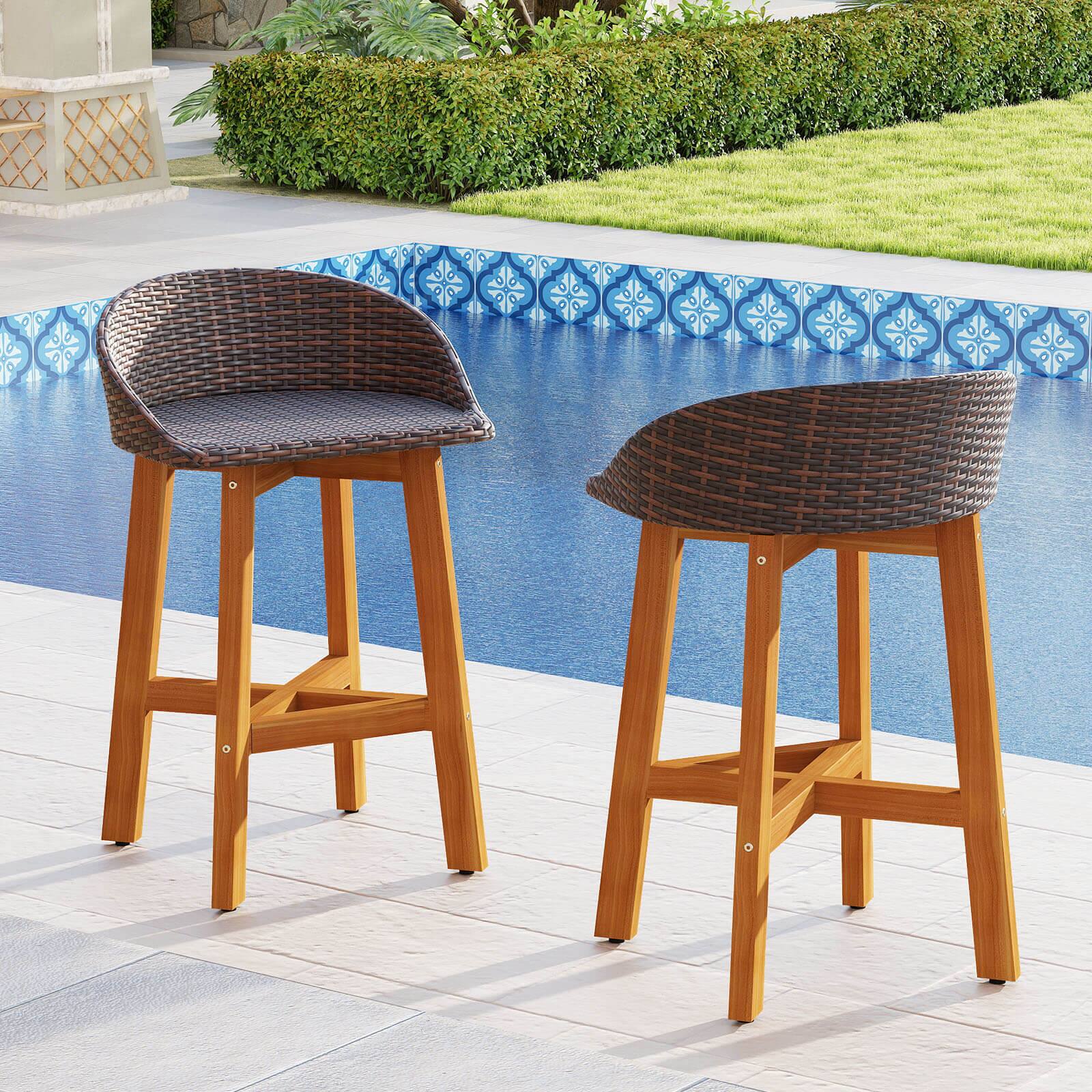 Alt View 4. Costway - Costway Outdoor Faux Rattan Bar Chairs Set of 4 Solid Acacia Wood Bar Stools for Porch - Brown.
