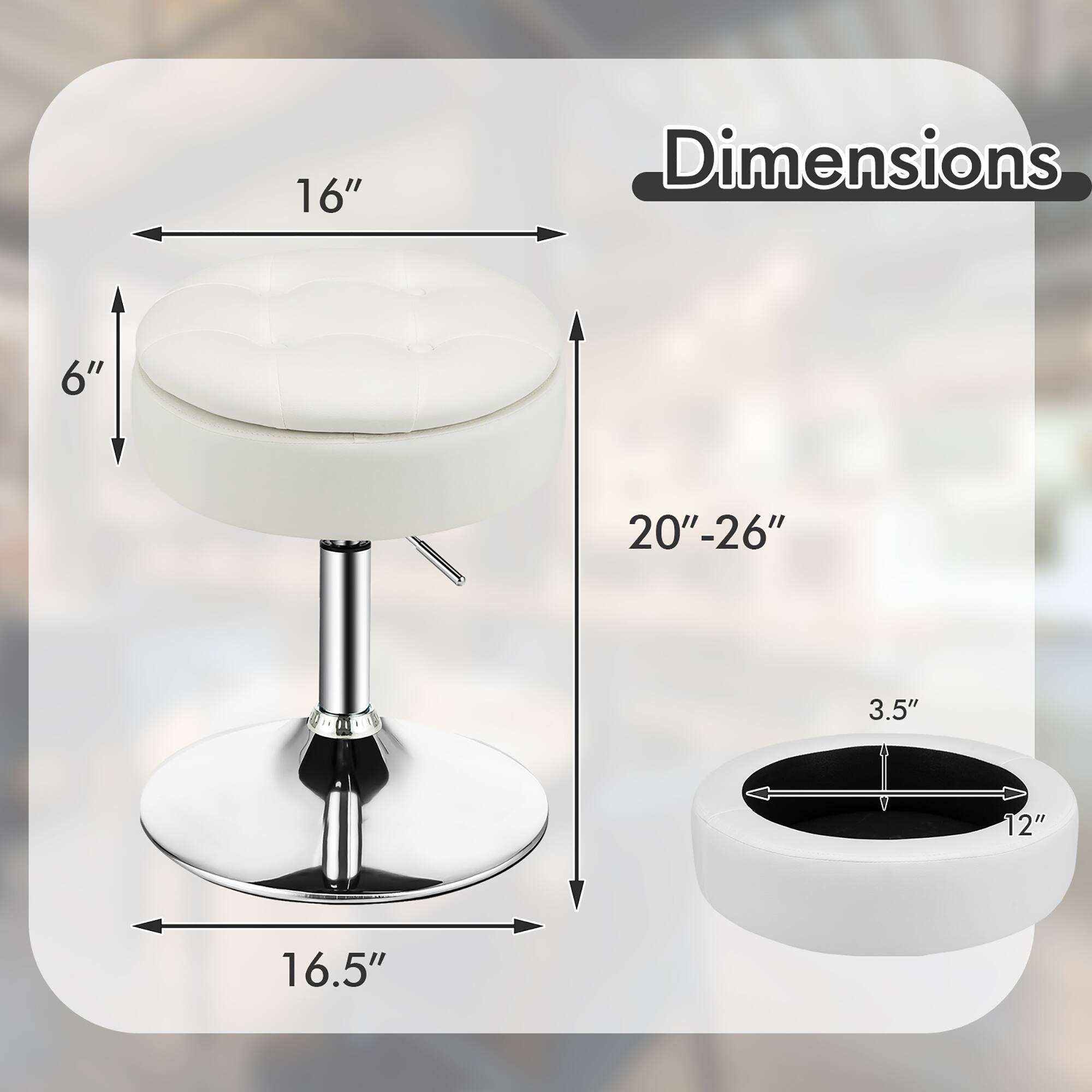 Dimensions  
16"  
6"  
20"-26"  
3.5"  
12"  
16.5"