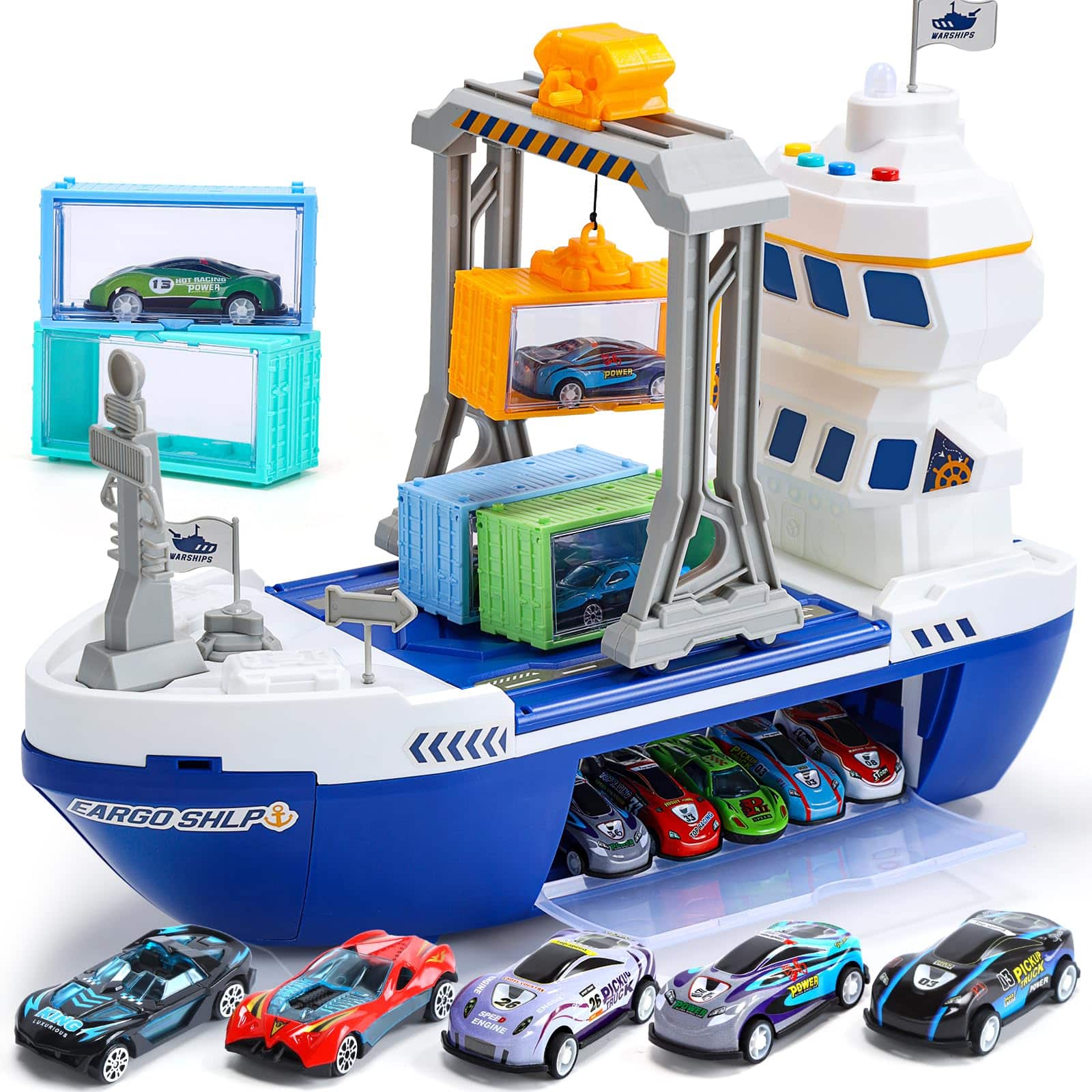 CUTE STONE - Cargo Ship Toy & Gantry Crane, Toy Boat,Crane Playset with Sounds,Lights, Kids Play Boats for Boys Girls