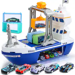 CUTE STONE - Cargo Ship Toy & Gantry Crane, Toy Boat,Crane Playset with Sounds,Lights, Kids Play Boats for Boys Girls