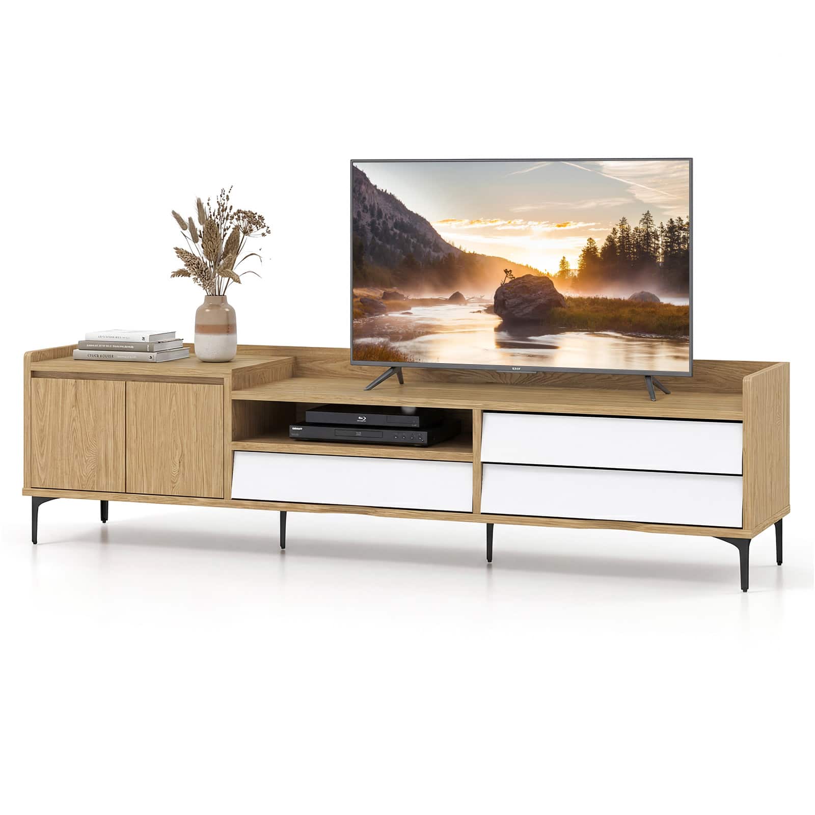 Costway - TV Stand for 75 80 Inch TV, 71" Modern Entertainment Center with Storage Cabinet, 3 Drawers - Natural & White
