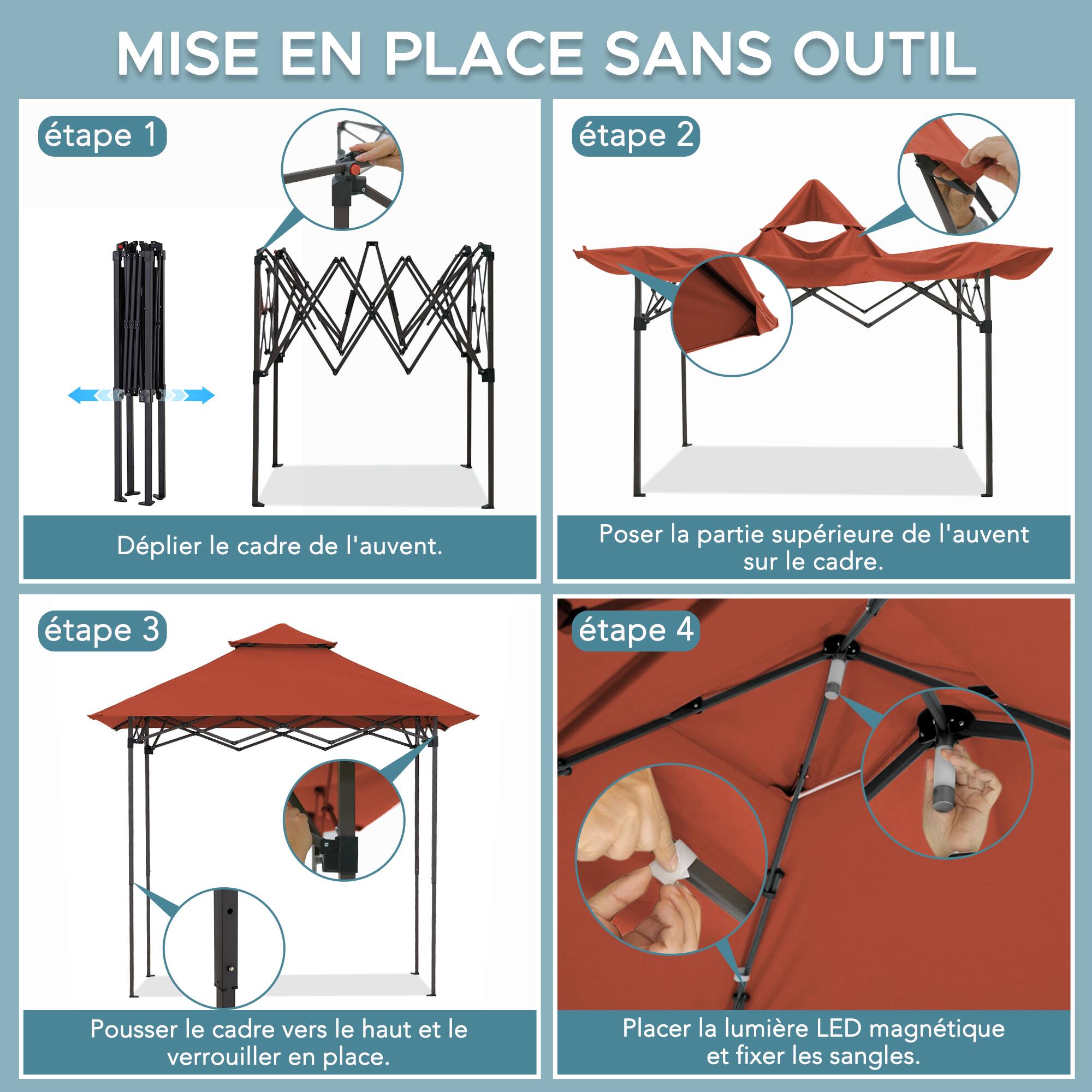 MISE EN PLACE SANS OUTIL

tape 1
Dplier le cadre de l'auvent.

tape 2
Poser la partie supérieure de l'auvent sur le cadre.

tape 3
Pousser le cadre vers le haut et le verrouiller en place.

tape 4
Placer la lumière LED magnétique et fixer les sangles.