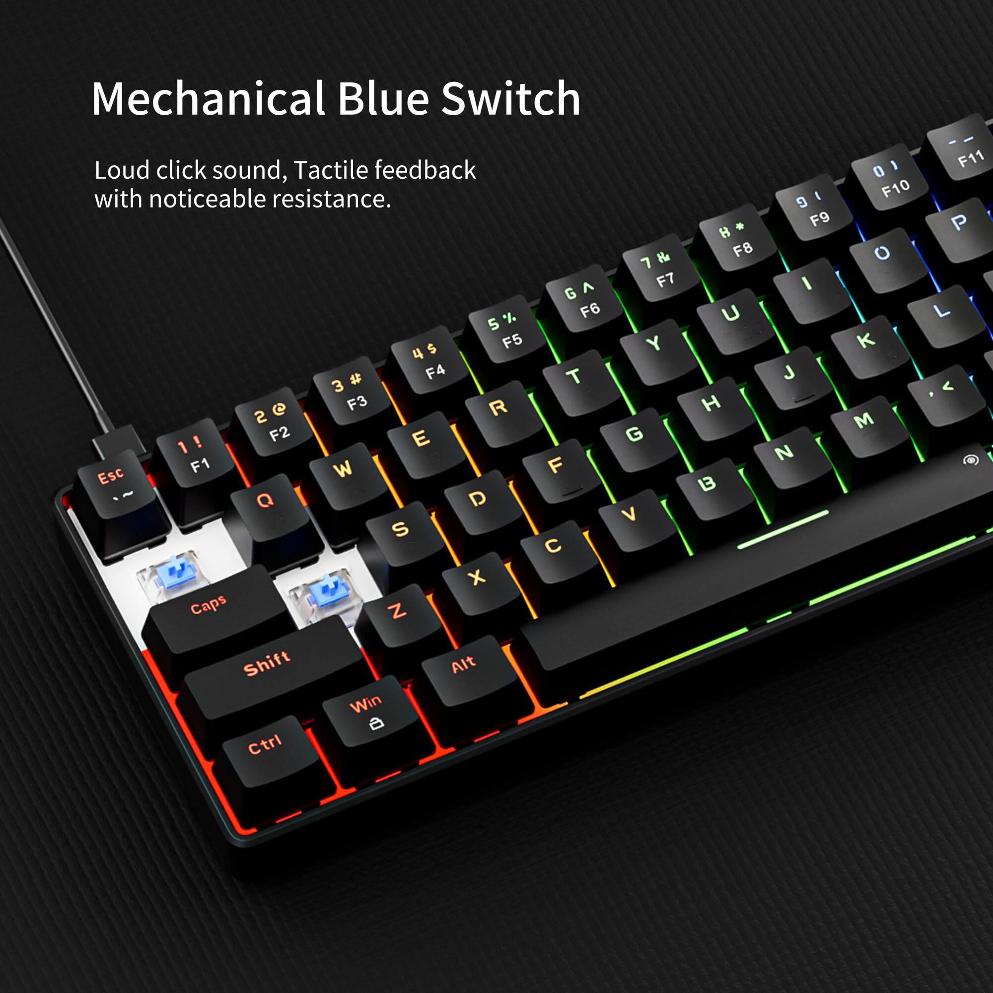 Mechanical Blue Switch

Loud click sound, Tactile feedback with noticeable resistance.