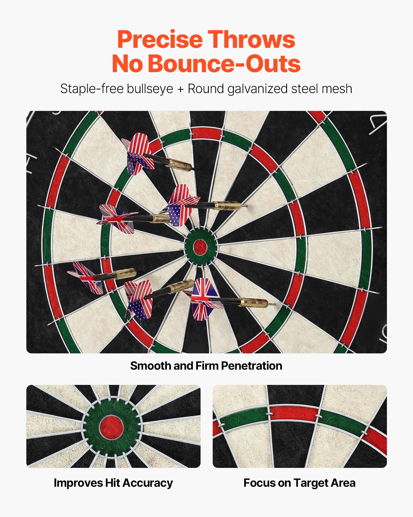 Precise Throws  
No Bounce-Outs  

Staple-free bullseye + Round galvanized steel mesh  

Smooth and Firm Penetration  

Improves Hit Accuracy  

Focus on Target Area