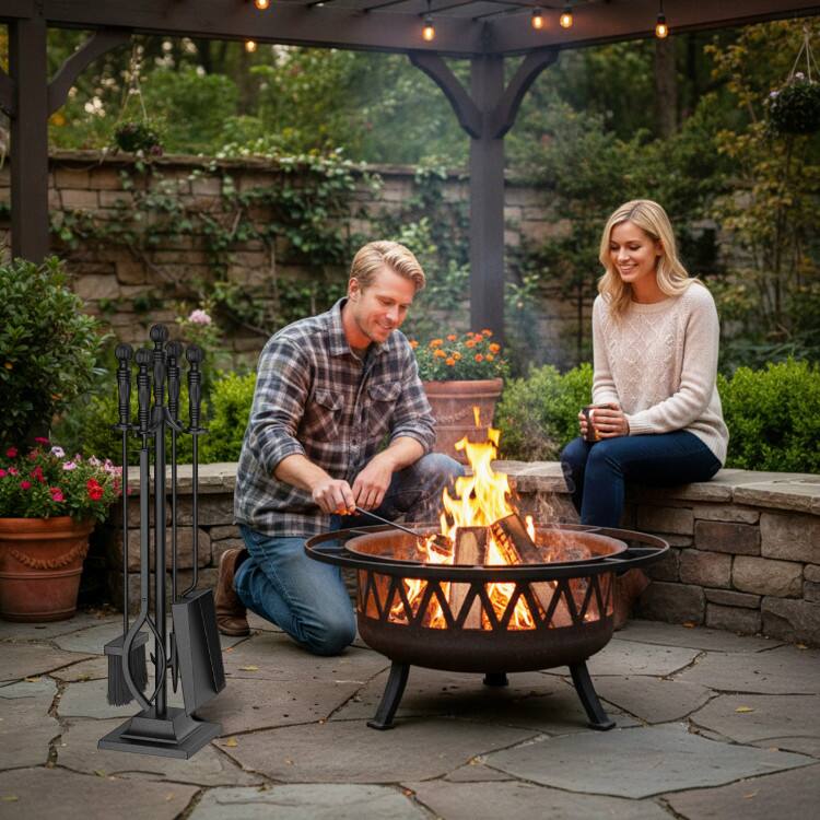 Alt View 4. Mondawe - 5-Pieces Fireplace Tool Set Indoor Outdoor Fire Place Set Tools with Aluminum Handles - Black.