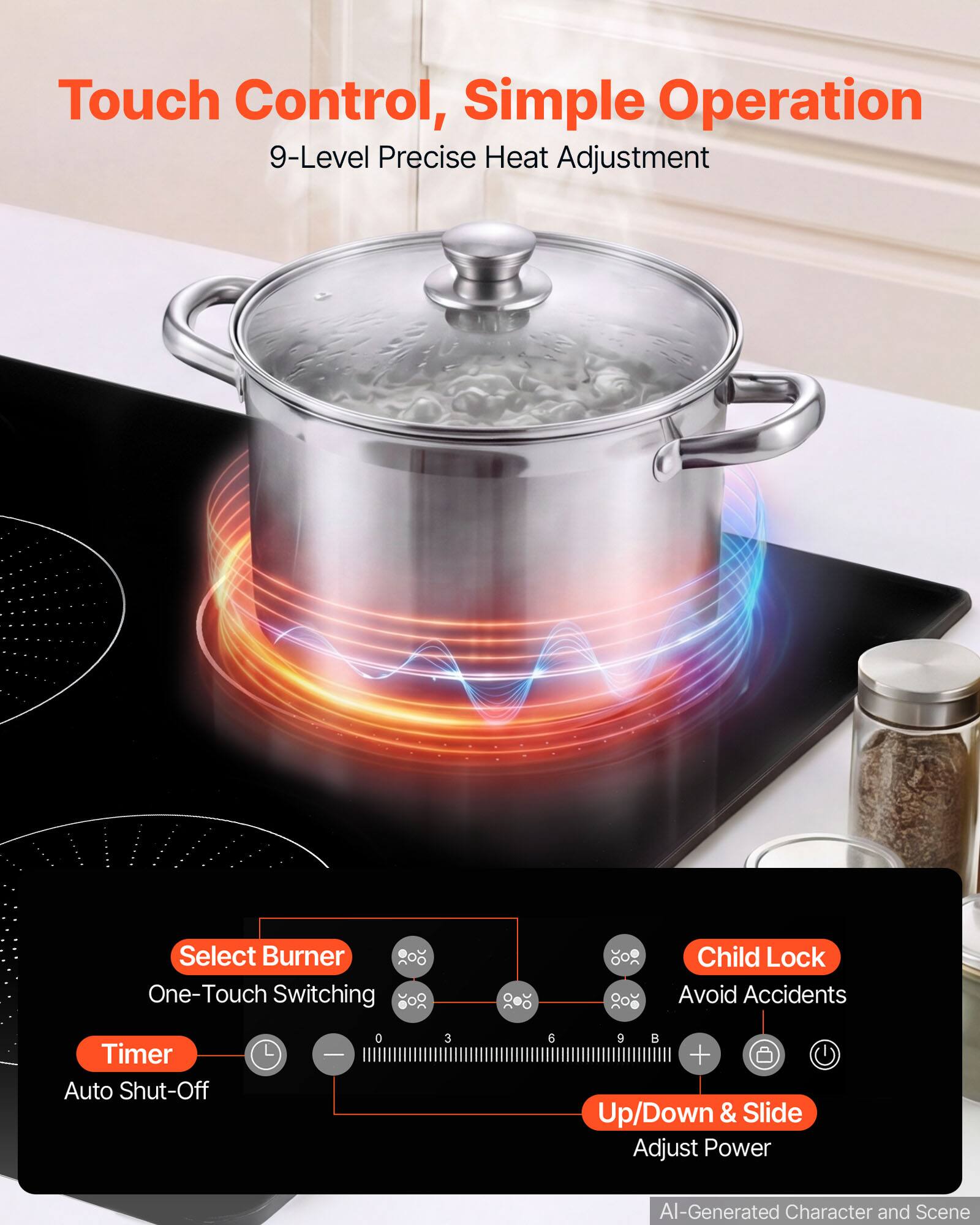 Touch Control, Simple Operation  
9-Level Precise Heat Adjustment  
Select Burner One-Touch Switching  
Child Lock Avoid Accidents  
Timer Auto Shut-Off  

0 3 6 9 B + Up/Down & Slide Adjust Power  

AI-Generated Character and Scene