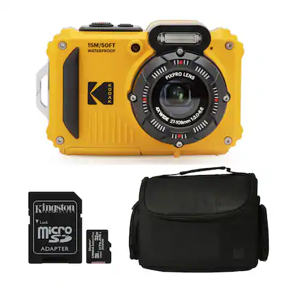 The image features a yellow waterproof camera with a black strap, along with a Kingston MicroSD adapter and a black pouch. The camera is designed for underwater use and has a 4x wide lens, making it suitable for capturing stunning images and videos in various environments. The combination of the camera, adapter, and pouch provides a complete and convenient setup for photographers and videographers who want to capture high-quality images and videos in different situations, including underwater adventures.