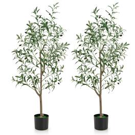Costway - 4.5ft Artificial Olive Tree, Tall Fake Potted Olive Silk Tree with Realistic Fruits - Green, White