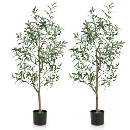 Front. Gymax - Gymax 4.5 FT Tall Artificial Olive Tree Set of 2 Fake Potted Trees w/ Realistic Fruits - Green, White.