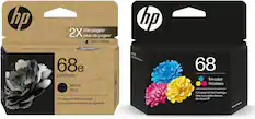 hp the pages 2X plus de pages* Scan / Balayez
hp 68e EvoMore Black Noir
1 Original HP Ink Cartridge
Une cartouche d'encre d'origine HP
hp 68 Tri-color Tricolore
1 Original HP Ink Cartridge
Une cartouche d'encre d'origine HP
*2X the pages*